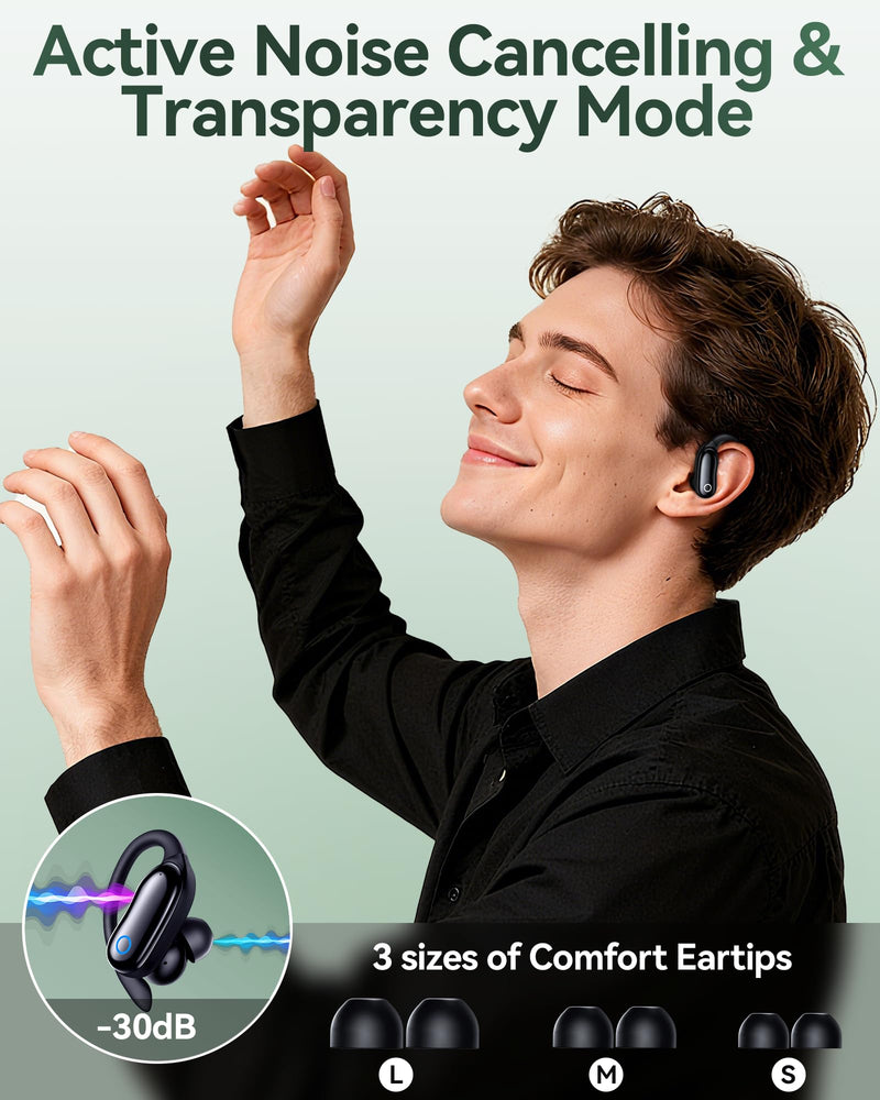 GNMN Active Noise Cancelling Ear Buds Wireless Earbuds 96hrs Playback Bluetooth Headphones Dual Battery Display Stereo Bass Earphones with Earhooks Microphone IPX7 Waterproof for Sports/Runing/Workout Black