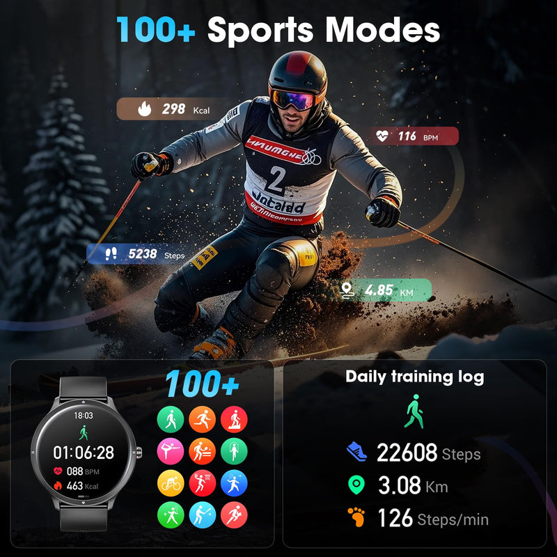 Smart Watches for Women Men, 1.75" AMOLED Smart Watch with Bluetooth Calling, Fitness Tracker with Heart Rate Sleep Monitor, IP68 Waterproof, 100+ Sports Modes, Compatible with iPhone Android Black