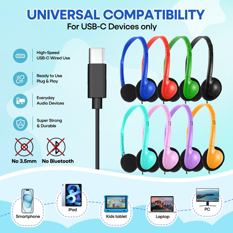 USB C Headphones Bulk 20 Pack for Classroom School Kids, Wholesale Durable On-Ear Headset for Students Teens, Compatible with Chromebook Laptop Tablet Smartphones (HY857C, 20 Mixed)
