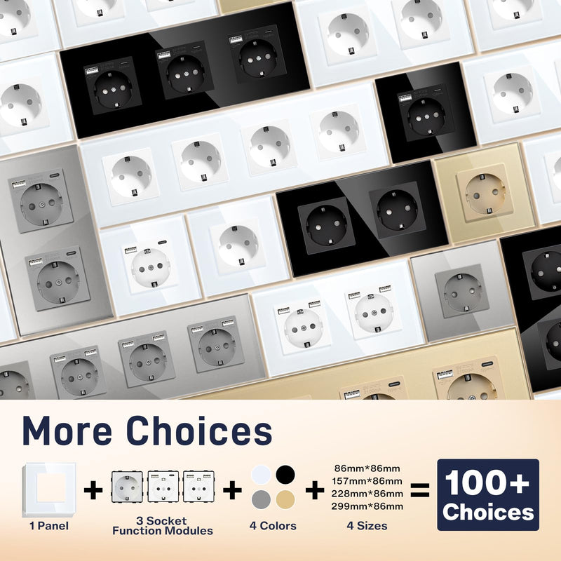 BSEED Schuko Socket, 1-Way Crystal Glass Panel Socket, Flush-Mounted Glass Socket, 16 A Socket, 86 mm, White, Extension Sockets, Wall Socket 1-gang