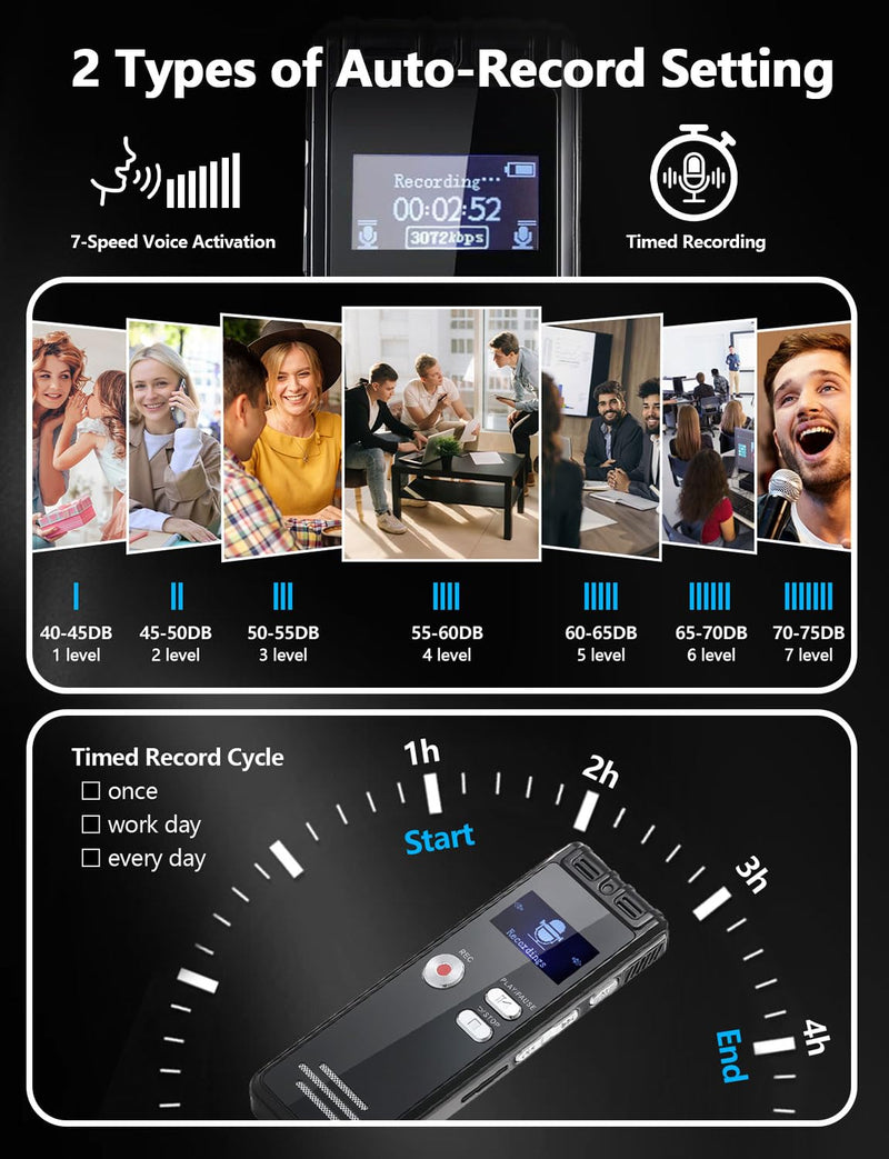 [AUSTRALIA] - 64GB Digital Voice Activated Recorder with Playback - 4552 Hours Audio Recording Device, 3072Kbps HD Dual MIC Tape Recorder Device for Lecture A-B Repeat, MP3 Player, Password,【64GB TF Card Included】 64GB 