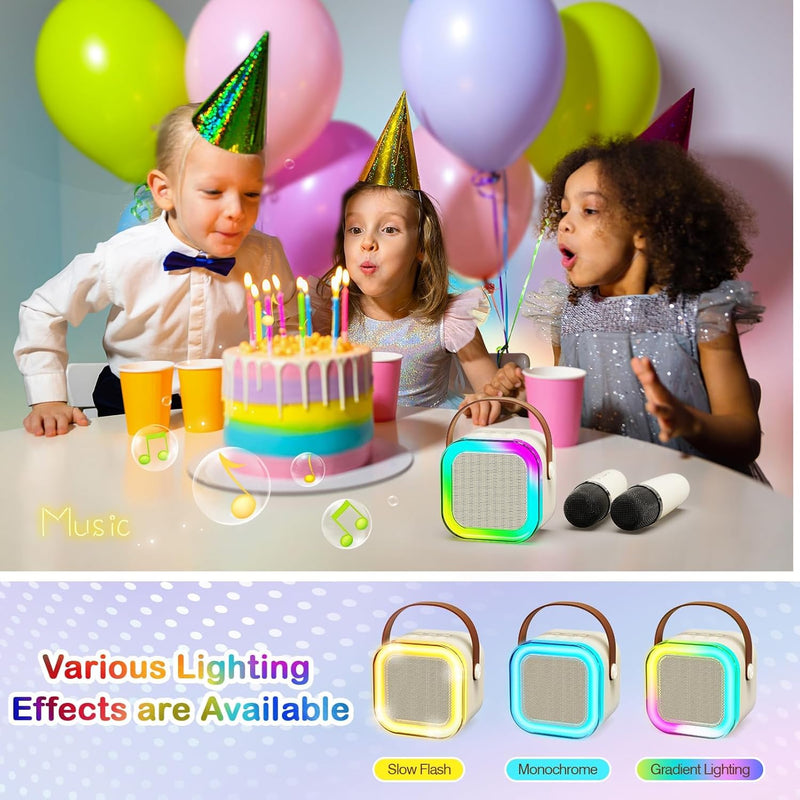 Mini Karaoke Machine for Kids Adults, Portable Bluetooth Karaoke Speaker with 2 Wireless Microphones for Girls Boys 3-11,12+ Years Old, Gifts for Family Home Birthday Party off-white