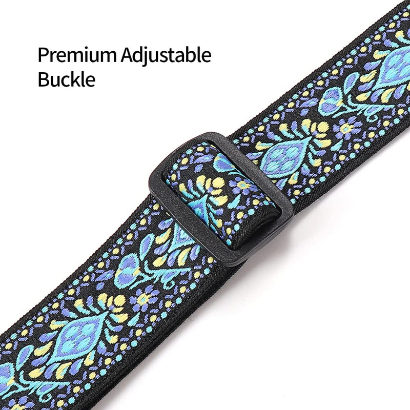 Ukulele Strap No Drill, Adjustable Double J Hook Clip on Uke Shoulder Strap, Hawaiian Jacquard Blue Flower Hands Free Ukelele Strap, Easy to Use and Fit Most Standard Uke Sizes Jacquard Blue Flowers