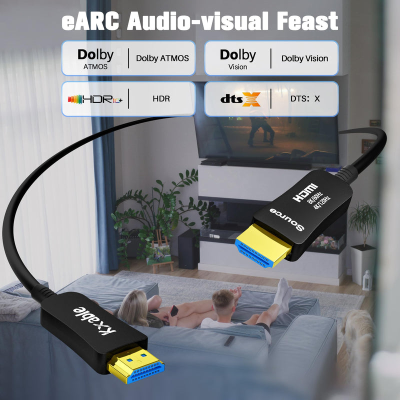8K HDMI Fiber Optic Cable 150FT, HDMI 2.1 48Gbps Ultra High Speed Cord, 8K@60Hz, 4K@120Hz, 3D Dynamic HDR/eARC/HDCP 2.3, Compatible with Laptop/Monitor/Projector, PS5, Xbox, HDTV, Blu-ray & More