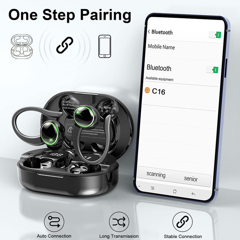 Wireless Earbuds Sports, Bluetooth 5.4 Headphones Hifi Stereo, IP7 Waterproof, Over Ear Buds with 50H Playback, Earhooks Design, ENC Noise Cancelling Mic, Fitness Headset for Gym Running Workout Dark Black