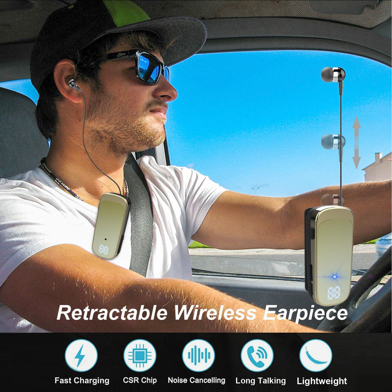 Retractable Wireless Headset Headphone Stereo Earphone V5.0 Noise Cancelling Mic Clip on Earpiece Comfortable HandsFree Headset 20Hrs Talking Time Sports Business Trucker Driver Earbud Yellow
