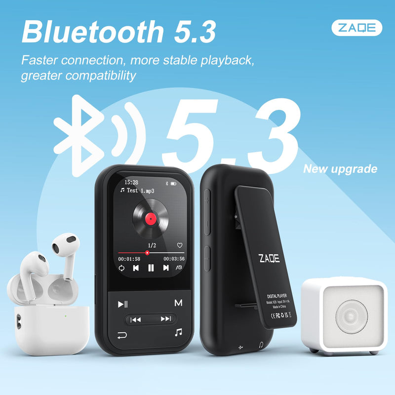 [AUSTRALIA] - MP3 Player with Clip, Bluetooth 5.3 Music Player, HiFi Sound Digital Music, FM Radio, Voice Recorder, Portable MP3 Music Player with Earphones clip-black 