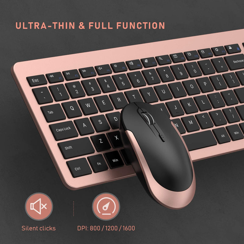 seenda Rechargeable Wireless Keyboard Mouse Combo Full Size Cordless Keyboard & Mouse Sets with Build-in Lithium Battery Ultra Thin Quiet Keyboard Mice (Black and Rose Gold) Black and Rose Gold