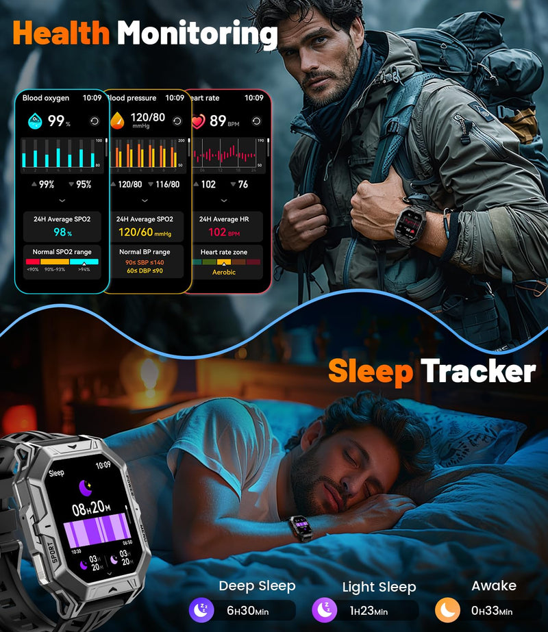LIGE Military Smart Watches for Men(Answer/Make Calls),100-Day Battery Life,2.13" AMOLED Outdoor Sports Smartwatch with Compass,Fitness Tracker with 100+Sports Modes for Android iOS,AI Voice