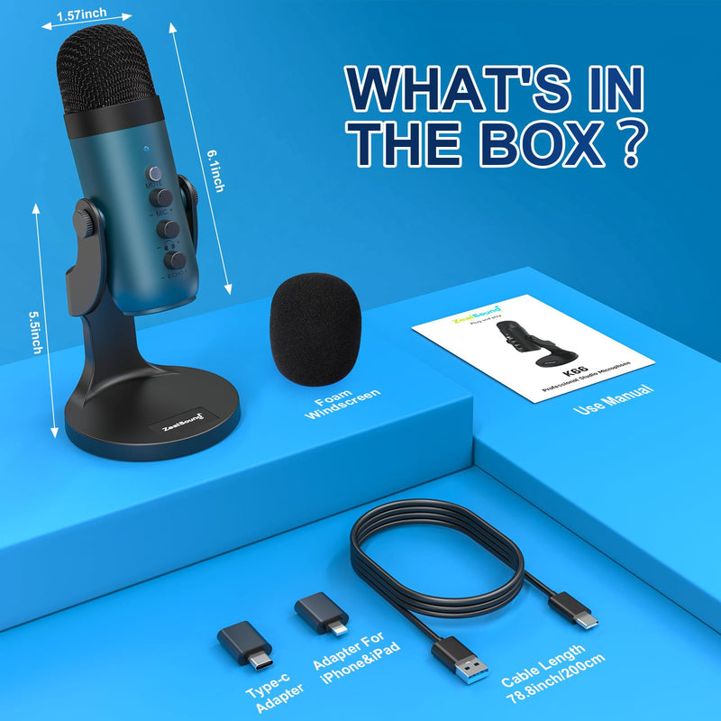 ZealSound USB Condenser Microphone,Computer PC Gaming Mic,Plug&Play Microphones for PS 4&5.Monitor Adjust&Volume Control,Mic Gain Control,Mute Button for TikTok,YouTube Podcast on Mac&Windows(Teal) Teal