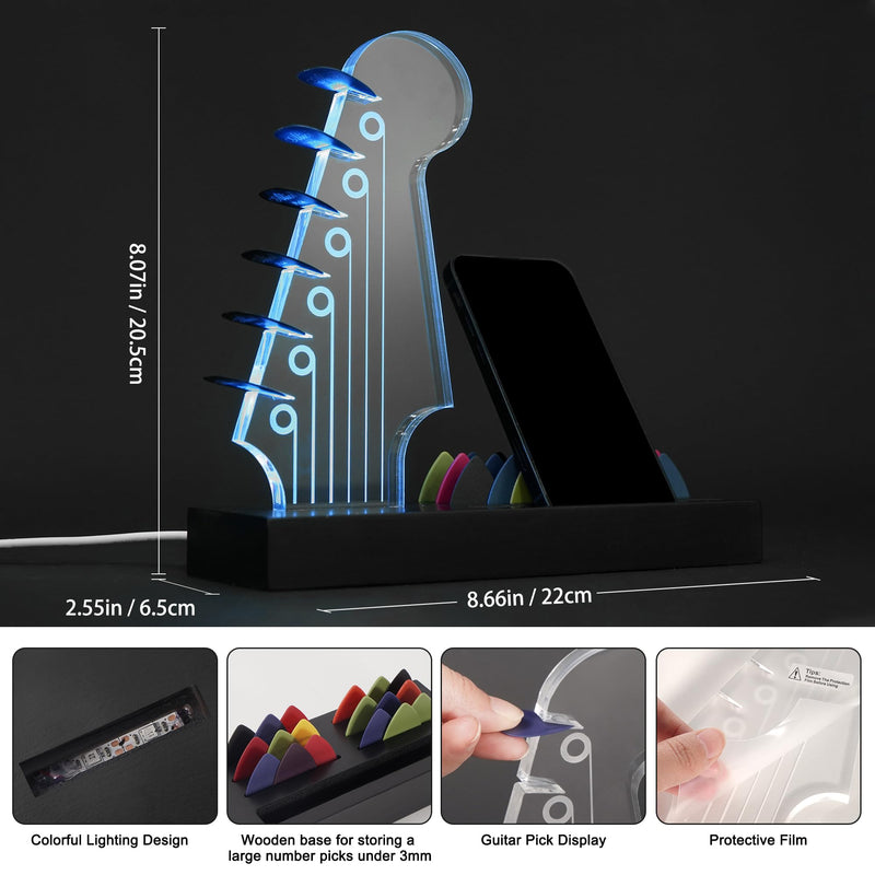Light Up Guitar Pick Holder—Electric Guitar Headstock Design with 7-Color Changing Lights,Gifts for Music Lovers,Guitar Pick Display and Storage With Wooden Base&Phone Stand,Guitar Accessories.