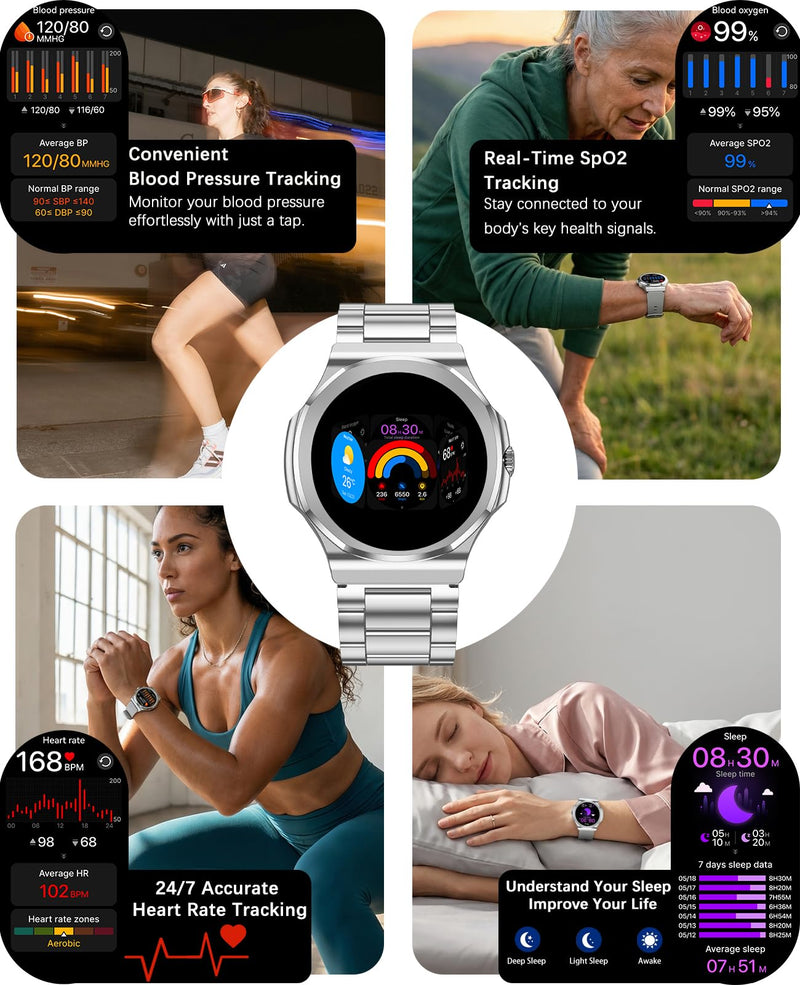 Smart Watches for Men Women,Fitness Tracker with Bluetooth Calling | 1.27" HD Screen,Heart Rate/Sleep Monitor/100+ Sport Modes,Stainless Steel & Silicone Band,Compatible with Android & IOS Silver