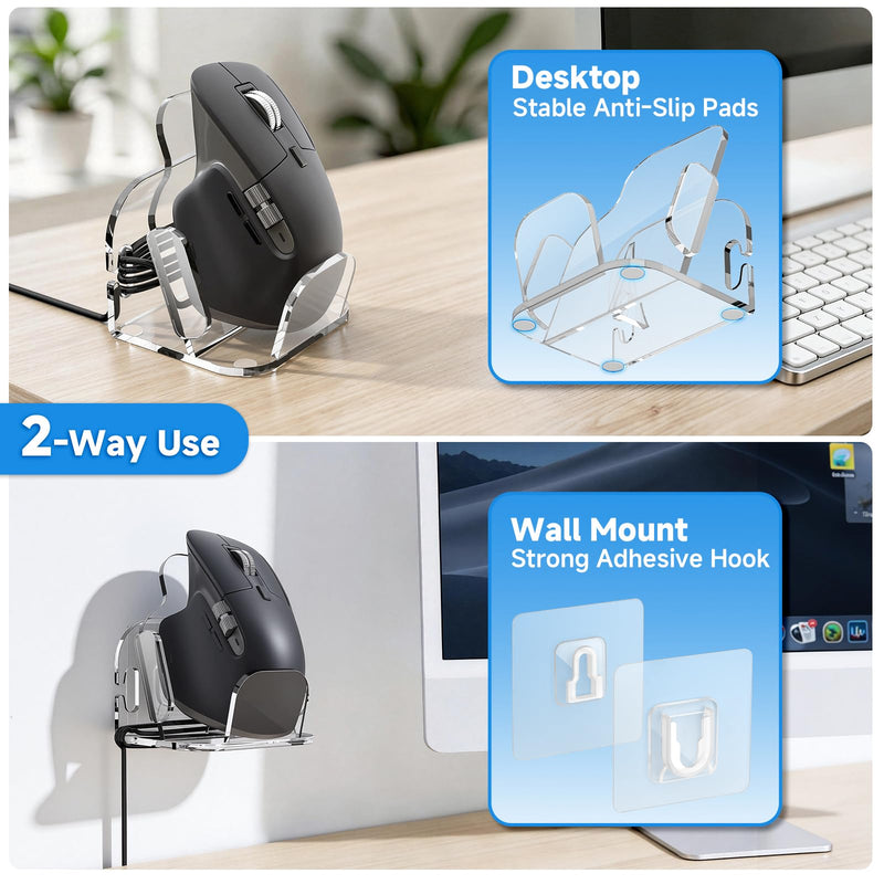 Acrylic Mouse Stand for Logitech MX Master 3 3S 4 Wireless Mouse | Desk & Wall Mount Display Holder for Wireless and Wired Mouse, with Cable Management Organizer, Clear Acrylic, Stand Only