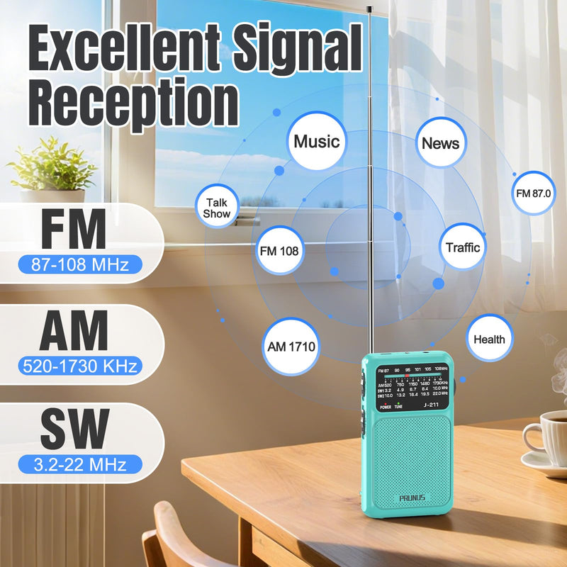 PRUNUS J-211 Portable Radio AM FM with USB Charging and AA Battery Operated, Transistor Radio, Strong Reception& Clear Speaker, Headphone Jack, Back Clip, Lanyard, Small radios Portable AM FM Blue