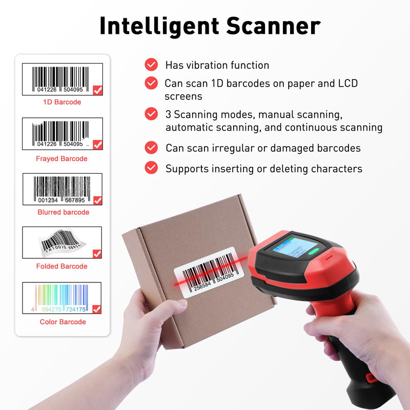 [AUSTRALIA] - Barcode Scanner Wireless, 1D CCD Automatic Bar Code Scanner with 1.8 Inch Display Screen, Rechargeable Handhold Barcode Reader with 2.4G Receiver & USB Wired Plug and Play (Red) 1D Red 