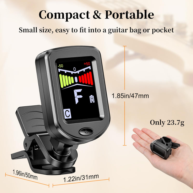 New Bee Clip-On Guitar Tuner Rechargeable with Color Screen 360° Rotatable Chromatic Tuner for Guitar, Bass, Ukulele, Violin (Black, 2 Pack) Black