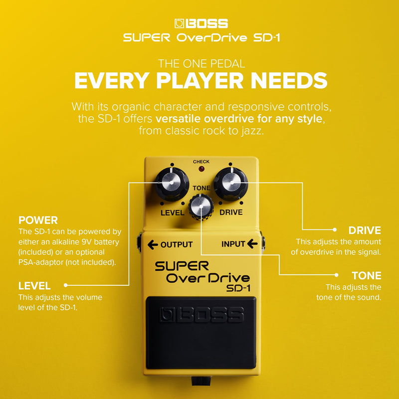 BOSS SD-1 SUPER Overdrive | Compact Overdrive Pedal | Genre-Defining Sound & Feel | Unique Clipping Circuitry Produces Tube-Like Characteristics | Dynamic Tone Options | Easy-To-Use Controls Standard