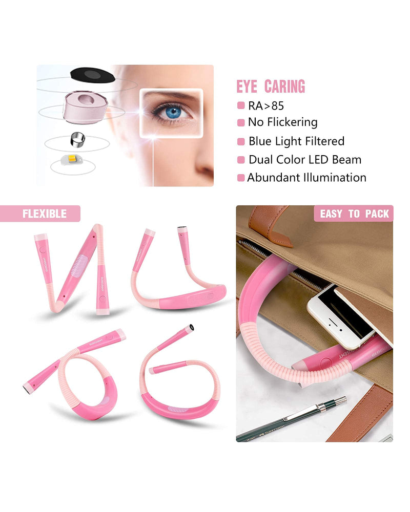 Glocusent LED Neck Reading Light, Book Light for Reading in Bed, 3 Colors, 6 Brightness Levels, Bendable Arms, Rechargeable, Long Lasting, Pink, Perfect for Reading, Knitting, Camping, Repairing