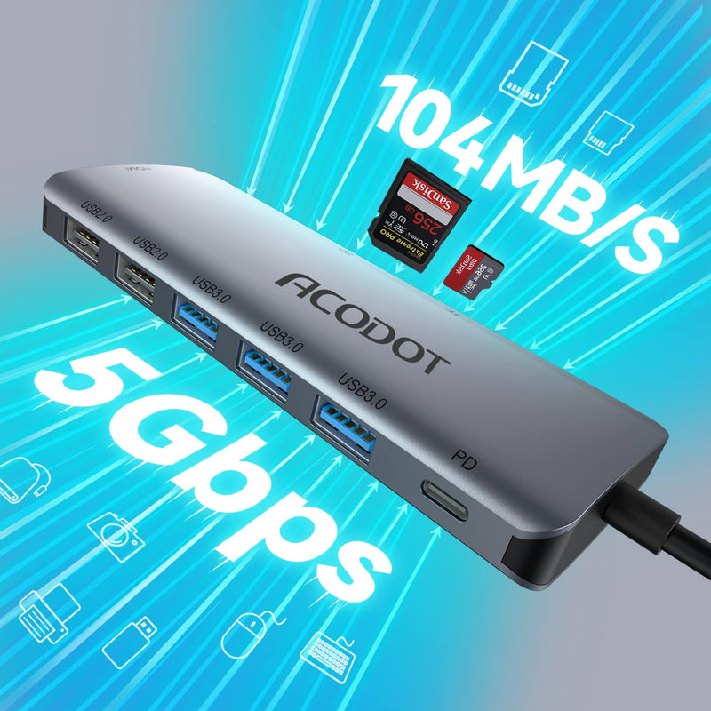 USB C Hub, Acodot 9 in 1 USB C to 4K@60HZ HDMI Multiport Adapter, 3 USB 3.0 Ports, SD/TF Card Reader, 100W PD, Desigend for MacBook Pro Air HP XPS and Other Type C Devices Space Grey