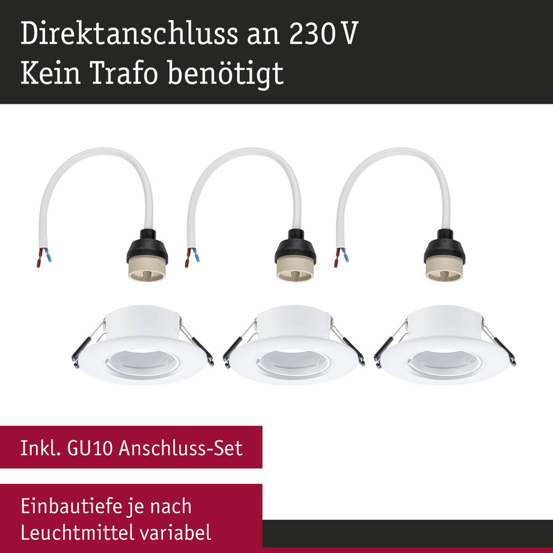 Paulmann 92112 Recessed Light Set of 3 Rigid Round 90 mm GU10 Max. 3 x 10 W 230 V White Recessed Lamp