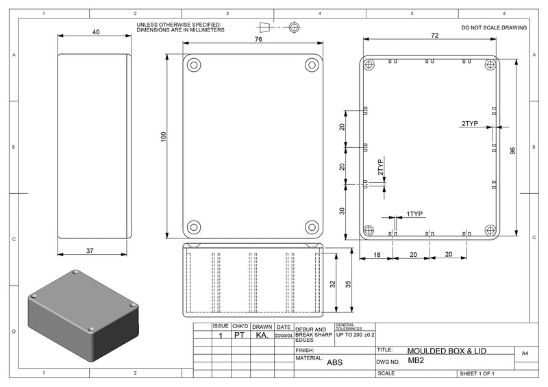 ABS plastic housing with lid, multi-purpose housing, module housing. White MB2: 100 X 76 X 40 mm