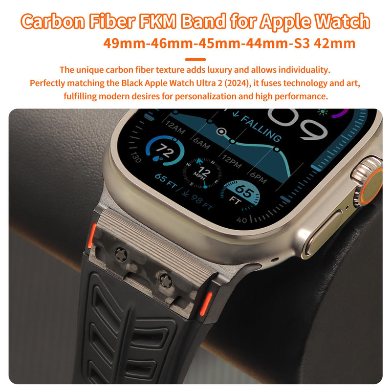 Band for Apple Watch 46mm 49mm 45mm 44mm Carbon Fiber Inlay Fluoroelastomer (FKM) Sport Wristband Sweat-proof Strap for Men's iWatch Series 11/10 9 Ultra 3/2/1 SE 8 7 6 5 4 3 2 1 Band 42mm (Black) Black