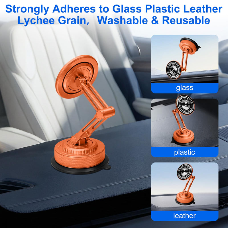 All-Metal Alloy Long Arm Magnetic Suction Cup Car Phone Mount(Orange) | Strong Powerful Magnetic Heavy-Duty Windshield Dash 360° Mechanical Rotation Cell Mobile Phone Vehicle Bracket for All Cars Orange