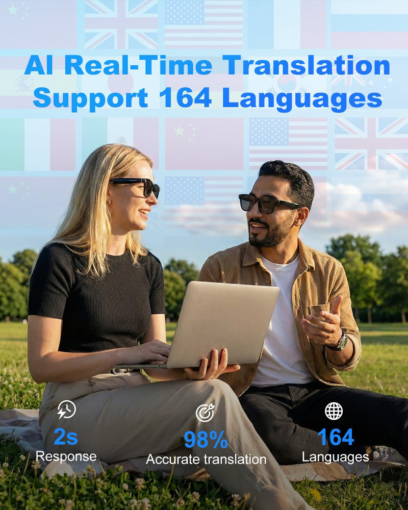 AI Smart Glasses with Camera and Bluetooth, 8MP 32GB 1200P HD Cam Glasses | Supports Photo/Video/Audio Recording, Real-Time Translation, Voice Assistant, Object Recognition for Life Work Vlog Black frame + Black lens