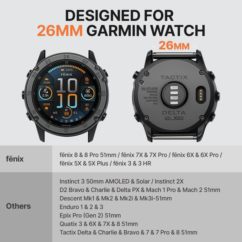 Bandletic Magnetic Nylon Band Compatible with Garmin Watch Quick Fit 26mm | Twin Magnets Snap Band On/Off in Two Seconds, Reinforced CSPE Rib for Intense Workout & Outdoors, Fits Fenix 8 51mm/7X/6X/5X Black L(7.3"-8.7")