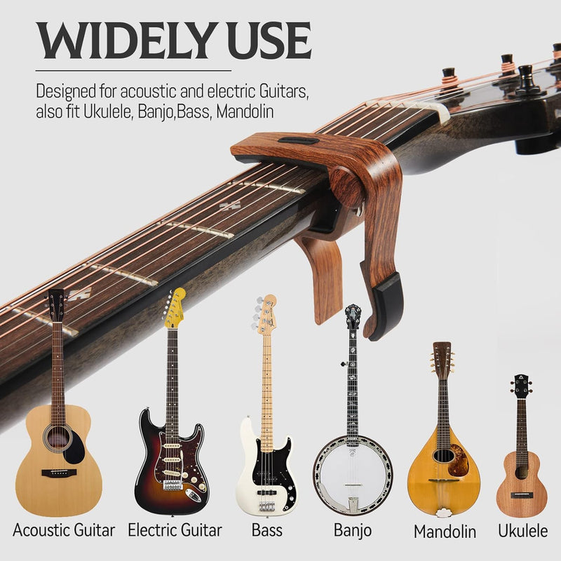 Capo 8Pack Guitar Capo with Pick Holder for Acoustic and Electric Guitar, Ukelele, Bass, Banjo RoseWood Capo 8Pack Rosewood