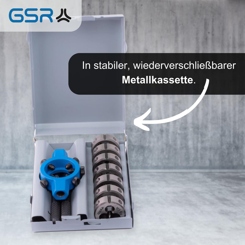 GSR Professional die set, 8 pieces, M3-M12, HSS-G thread cutter for external thread, diameter 25 x 9 mm, with die holder, in metal case, for steel, metal, craft and industry
