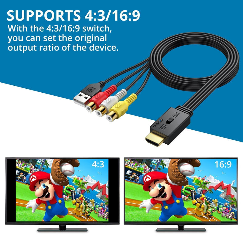 AUTOUTLET RCA to HDMI Converter with Aspect Ratio Switch (4:3/16:9), 1080P/720P AV to HDMI Composite CVBS Video Audio Adapter Supports PAL/NTSC for Wii/N64/PS2 EFU117