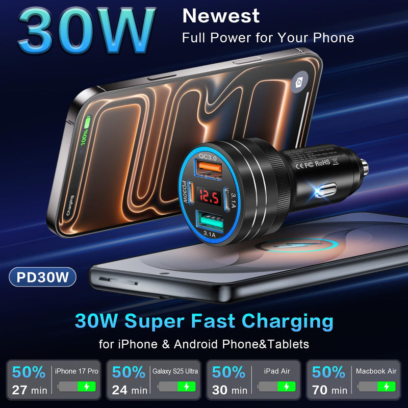 5-Pack Car Charger, Ancekoy 65W 4-Port Car Charger Adapter with Voltmeter | PD+QC3.0 Fast Charging Cigarette Lighter USB Charger Pack for iPhone 17 16 15, Samsung Galaxy, iPad,Android,Black 5-Pack Black