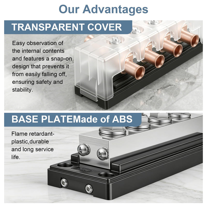 600A 48V DC Heavy Duty Bus Bar Power Distribution Terminal Block | C11000 tin-plated copper,4×M10+4×M4 studs,quick mount,for marine,automotive,RV,boat,solar positive negative power busbar