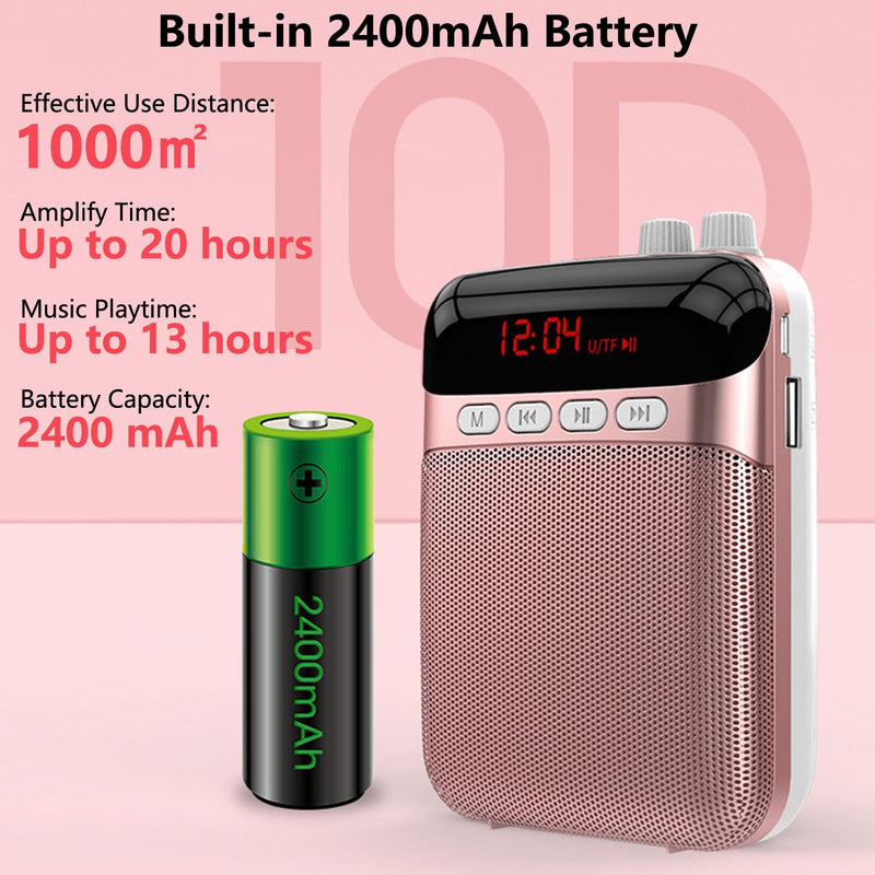 Portable Voice Amplifier for Teachers,2400mAh Personal Amplifier Headset for Speaking Rechargeable PA System Microphone for Teachers/Training/Meeting/Tour Guide/Yoga/Classroom(Rose)
