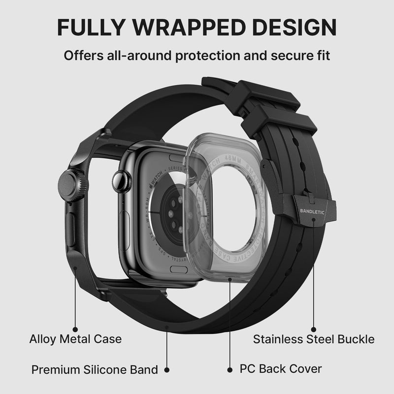 Bandletic Luxury Metal Case with Band Compatible with Apple Watch 46mm | Rugged Military-Grade Protective Bumper Cover with Soft Silicone Strap for iWatch 11 10 46mm Black/Black 46mm(series 11 10)