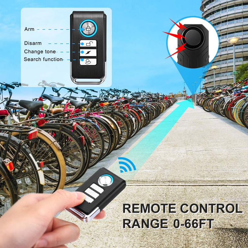 WSDCAM Anti-Theft Bike Alarm with Mount, 113dB Burglar Vibration Motorcycle Bicycle Alarm Security System Waterproof Cycle Bike Alarm with 2 Remotes