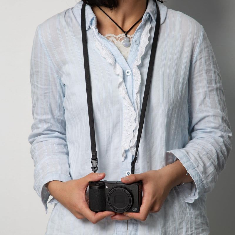 Quick Release Leather Camera Neck and Shoulder Strap | Genuine leather neck and shoulder strap with lightweight comfort and quick-release ends for compact cameras Ostrich Black