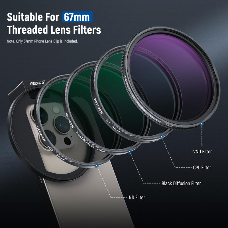 NEEWER Upgraded 67mm Phone Filter Mount Threaded Lens Filter Clip with Cold Shoe Mount, Locking Knob, 13mm Opening Compatible with iPhone 15 Pro Max 15 Plus 14 13 Samsung Galaxy S22 S23 Ultra, LA006