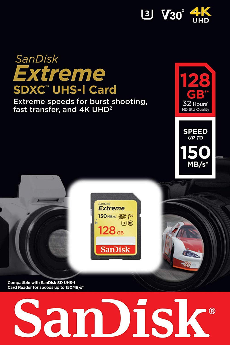 SanDisk Extreme 128GB SD Memory Card Works with Sony Alpha a7C, a6600, a6100, a6400 Mirrorless Camera (SDSDXV5-128G-GNCIN) U3 SDXC UHS-I Bundle with (1) Everything But Stromboli Micro & SD Card Reader