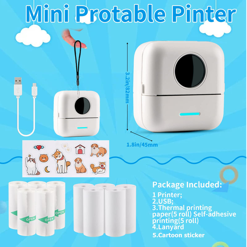 HuiJuKeJi Mini Sticker Printer Bluetooth Smart Pocket Inkless Thermal Printer with 11 Rolls Thermal Paper and Sticker for iOS&Android, Portable Receipt Printer for Photo Journal Notes Memo White
