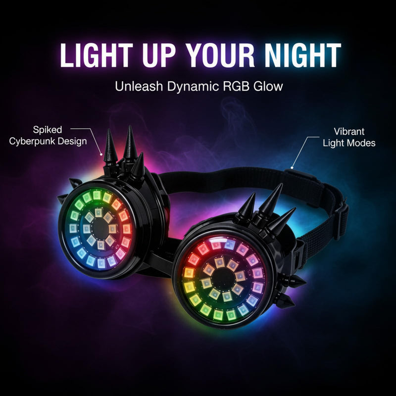 RGB LED Spiked Cyberpunk Goggles, Futuristic Punk Rave Glasses, Luminous Cosplay Eyewear for Party, Festival, DJ Club and Halloween