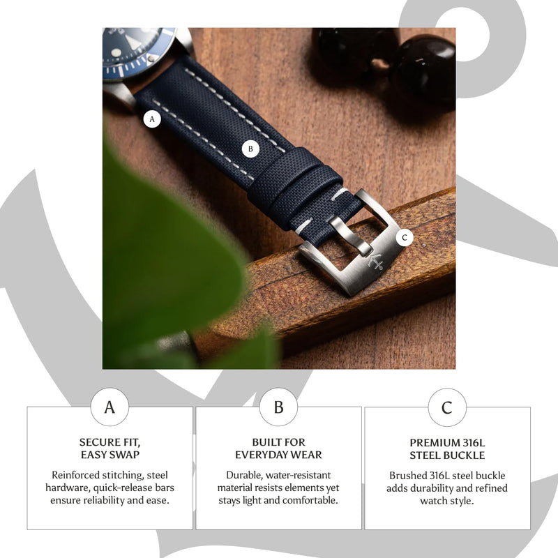 Anchor Strap Co | Classic Sailcloth Watch Strap | Marine-Grade Outer + Caoutchouc Rubber Lining | Water-Resistant | Brushed 316L Stainless Steel Buckle | Fits 6.25–8.25in Wrists Marine Sand 20 mm