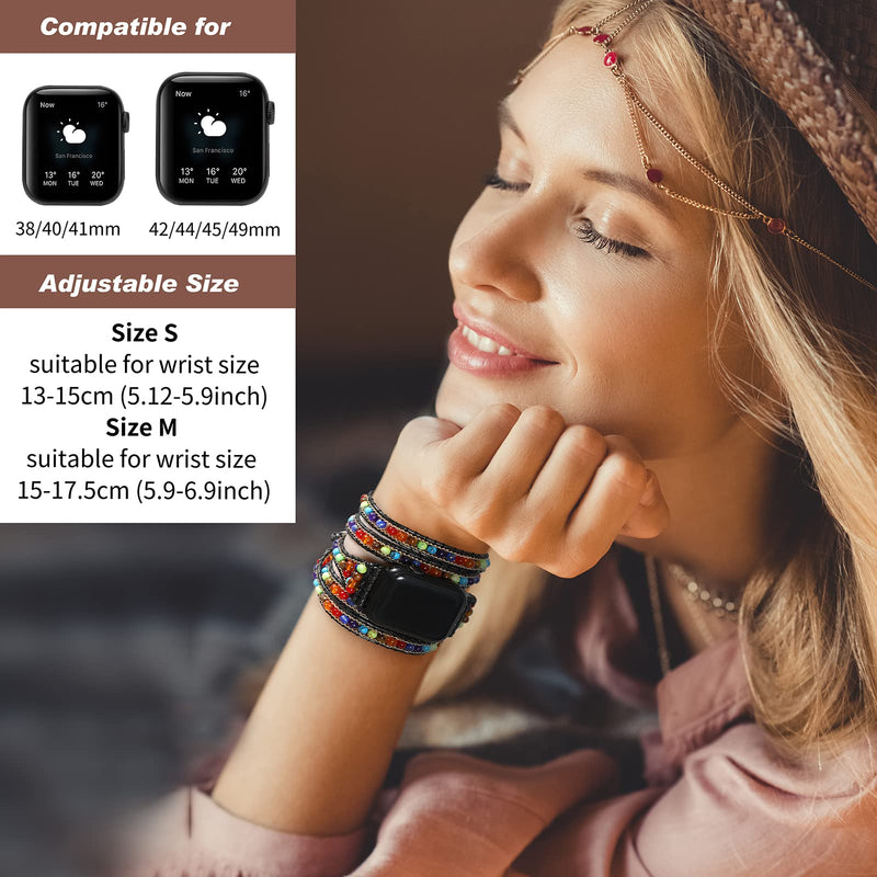 Boho 5 Wraps Bracelet Compatible with Beaded Apple Watch Band for Women Men 38mm/40mm/41mm, 7 Chakra Apple Watch Strap for Iwatch Band Series 8/7/6/5/4/3/2/1/SE Ultra