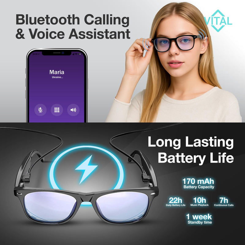 Vital Smart Glasses for Men Women AI Translation Open-Ear Bluetooth 5.3 | 164-Language Translator in Phone App, UV400 Blue-Light Blocker, Voice-Assistant Eyewear, Open-Ear Audio AI Glasses
