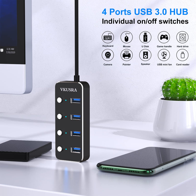 USB Hub,VKUSRA 4 Port USB 3.0 Hub Splitter with 4ft USB Extension Cable Multiple Port and Individual On/Off Switchs,USB Port Expander for Laptop PC USB HUB 4 PORTS