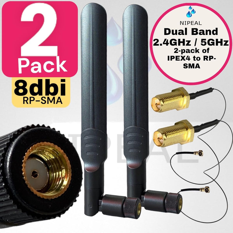 2-Pack Dual Band Antenna WiFi 2.4GHz 5GHz 5.8GHz 8dBi RP-SMA Male,U.FL IPEX MHF4 to RP SMA Female Extension Cable for M.2 NGFF Intel Wireless Network Card WiFi Adapter Laptop-Wireless Network Card 6e