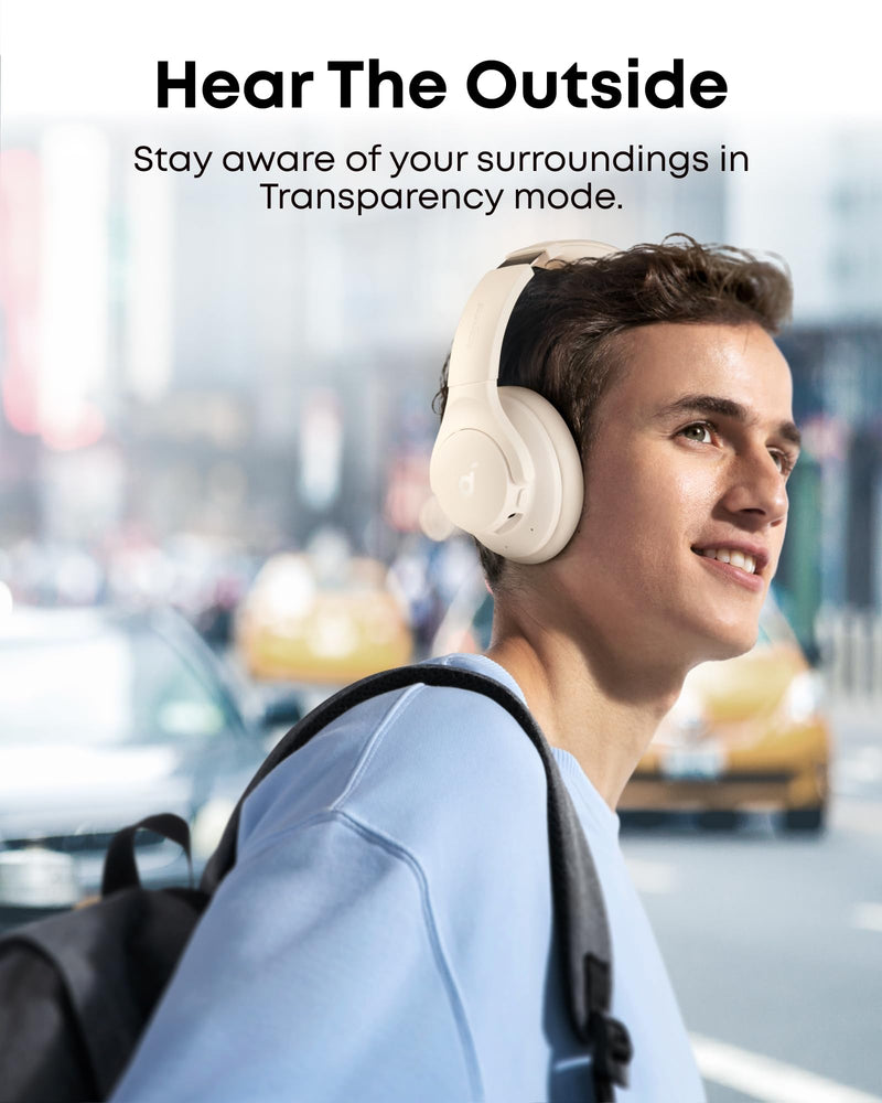 Soundcore by Anker Q20i Hybrid Active Noise Cancelling Headphones, White | Over-Ear, Bluetooth, 40H ANC Playtime, Hi-Res Audio, Big Bass, Transparency Mode, Customize via App, Travel, Home, Office Almond White Standard Modern