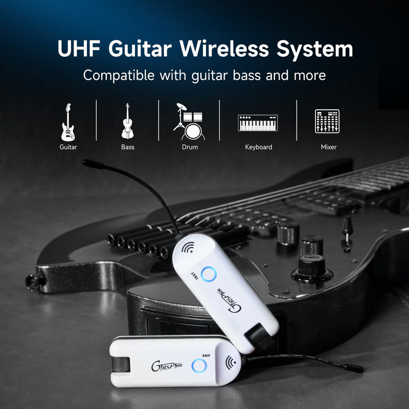 GTRS GWU4 UHF Guitar Wireless System 4 Channels Rechargeable Transmitter and Receiver, Auto Match, Low Latency, 100 Feet Range, Stable Connectionfor Electric Guitars Bass and More (White) White