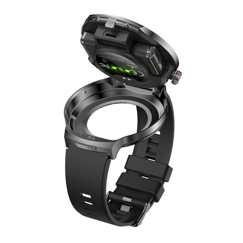 Smart Watch with Bluetooth Earbuds, 1.85-Inch Round HD Screen, Military Style, IP67 Waterproof, 100+ Sports Modes, Heart Rate Monitor, Sleep Tracker, Music Control Black